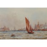 Robert Malcolm Lloyd (1859-1907) British. "Peel Harbour", Isle of Man, with Sailing Boats,