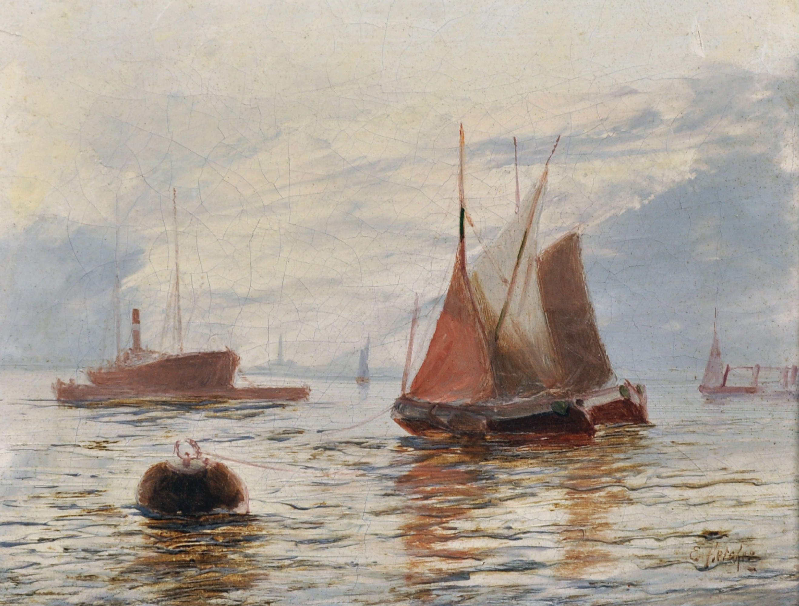 Edwin Henry Eugene Fletcher (1857-1945) British. Boats Moored in the Thames Estuary, Oil on