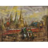 Prayat Pongdam (1934-2014) Thai. "Temples at Bangkok", Oil on Banana Bark, and on Board,