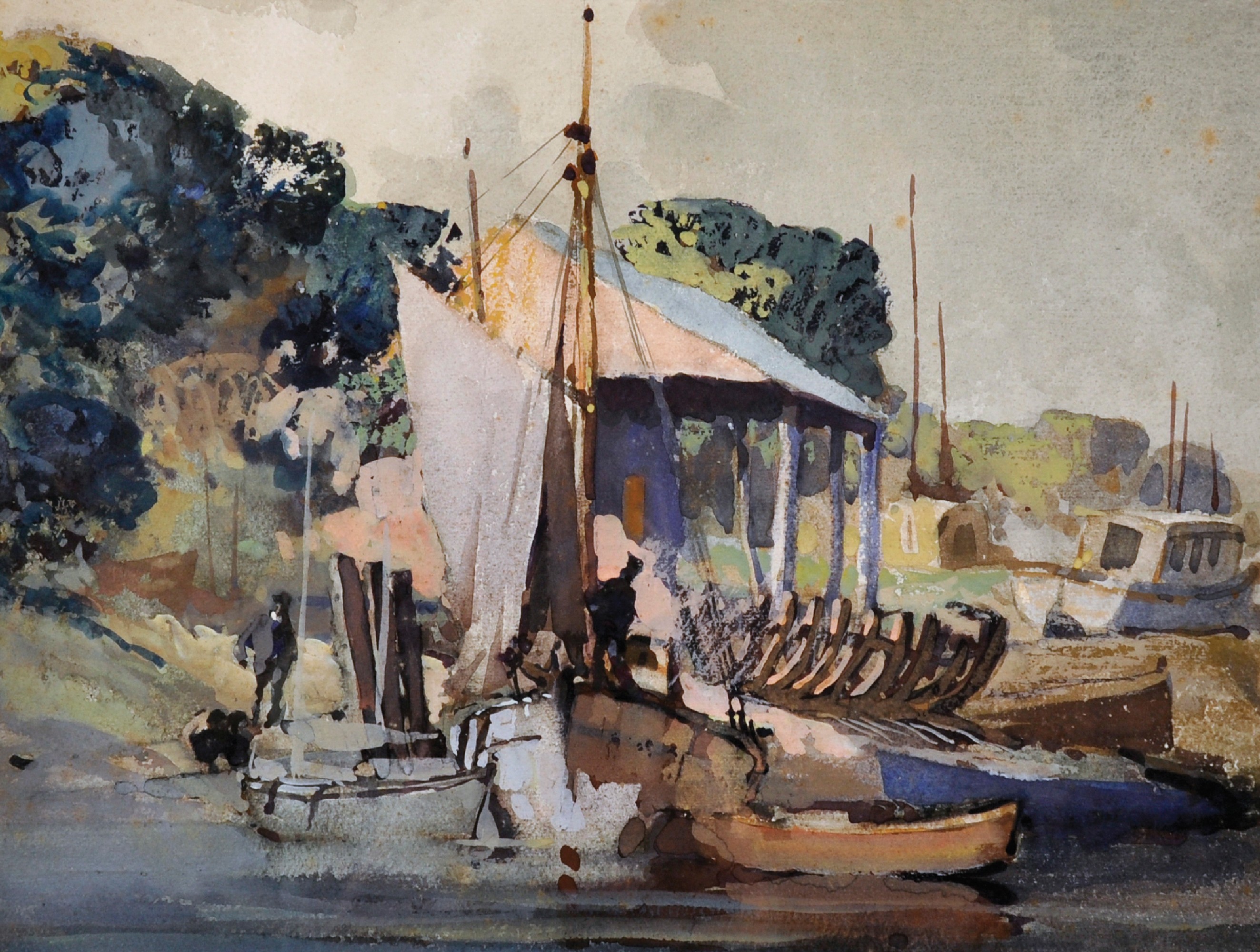 Leslie Arthur Wilcox (1904-1982) British. A River Scene, with Moored Boats, Watercolour, Inscribed