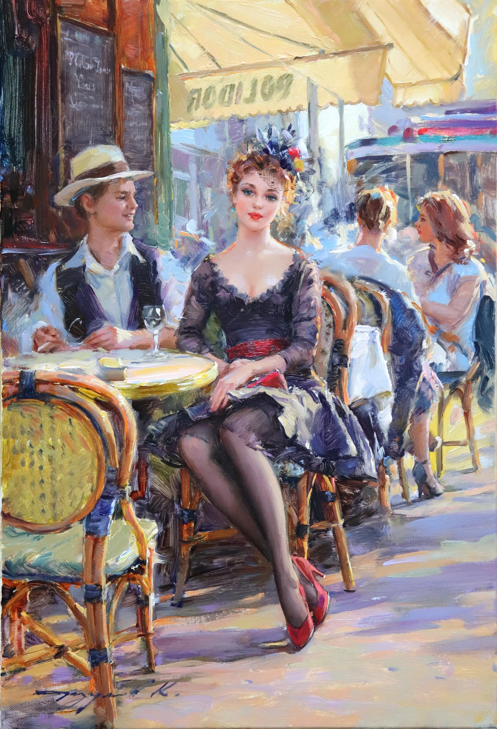 Konstantin Razumov (1974- ) Russian. "Happy Hour", a Young Couple sitting in a Parisian Caf, Oil