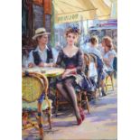 Konstantin Razumov (1974- ) Russian. "Happy Hour", a Young Couple sitting in a Parisian Caf, Oil