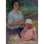 Mariya Vladimirovna Savtchenkova (1917-2015) Russian. "Mother and her Child", Seated in a Garden