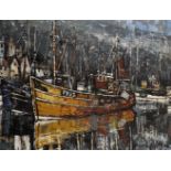 Roger Murray (20th - 21st Century) British. "Waiting for Weather", Moored Fishing Boats in Fleetwood