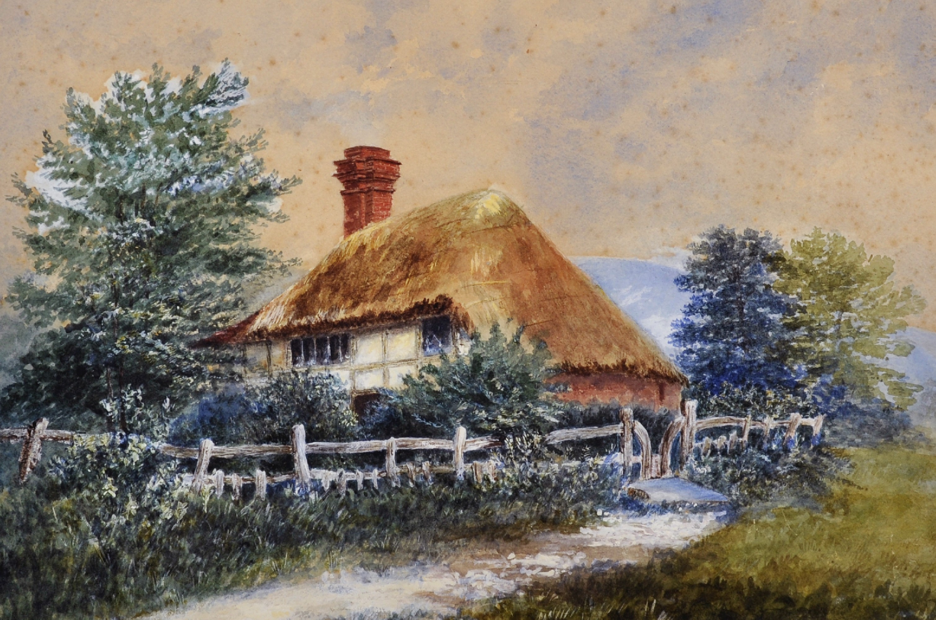 19th Century English School. A Thatched Cottage by a Stream, Watercolour, 12" x 18".