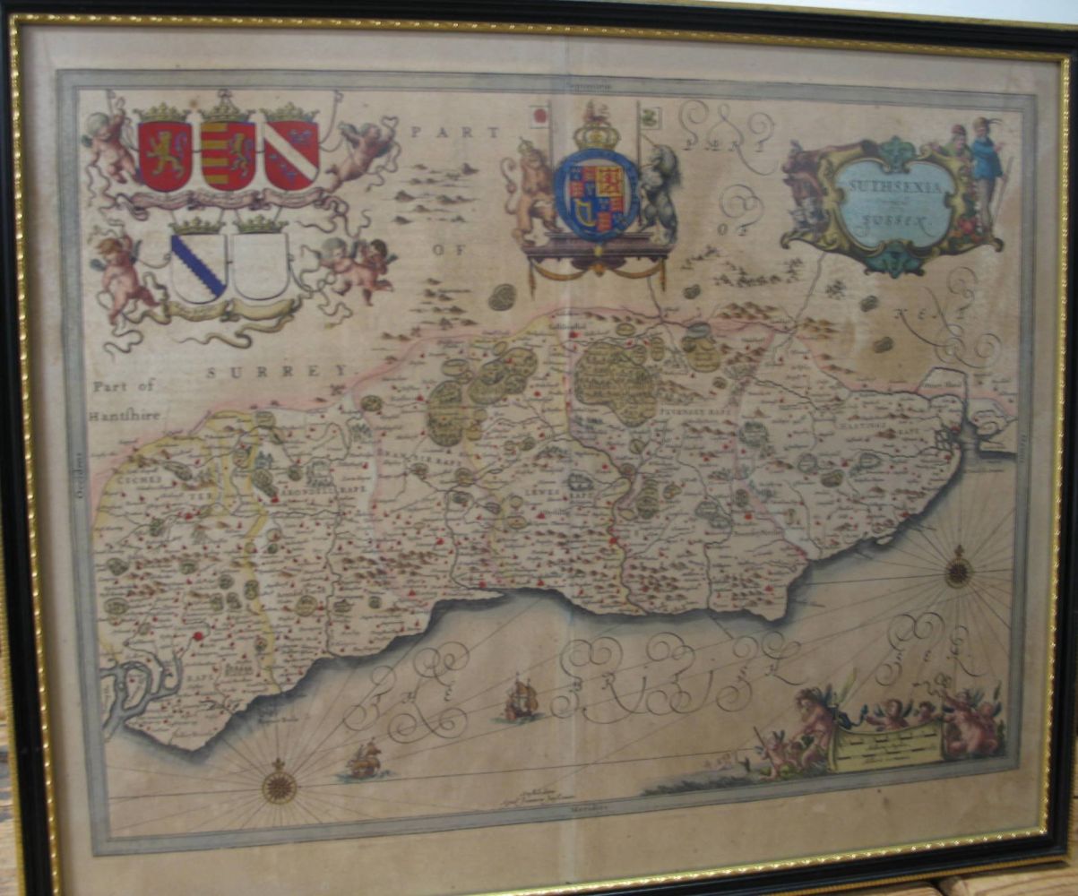 [MAP] JANSON (J.) Suthsexia: vernacule Sussex, h-col'd engr. map, text verso, 17.5 x 20 inches, [S],