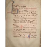 ANTIPHONAL leaf, late medieval, on vellum, double sided, one elaborate illuminated letter with