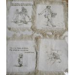 [ART] a coll'n of 7 square silk doilies, fringed with humorous artwork (7).