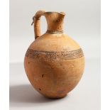 AN EARLY ROMAN POTTERY TERRACOTTA JUG, with lead seals. 6.5ins high.