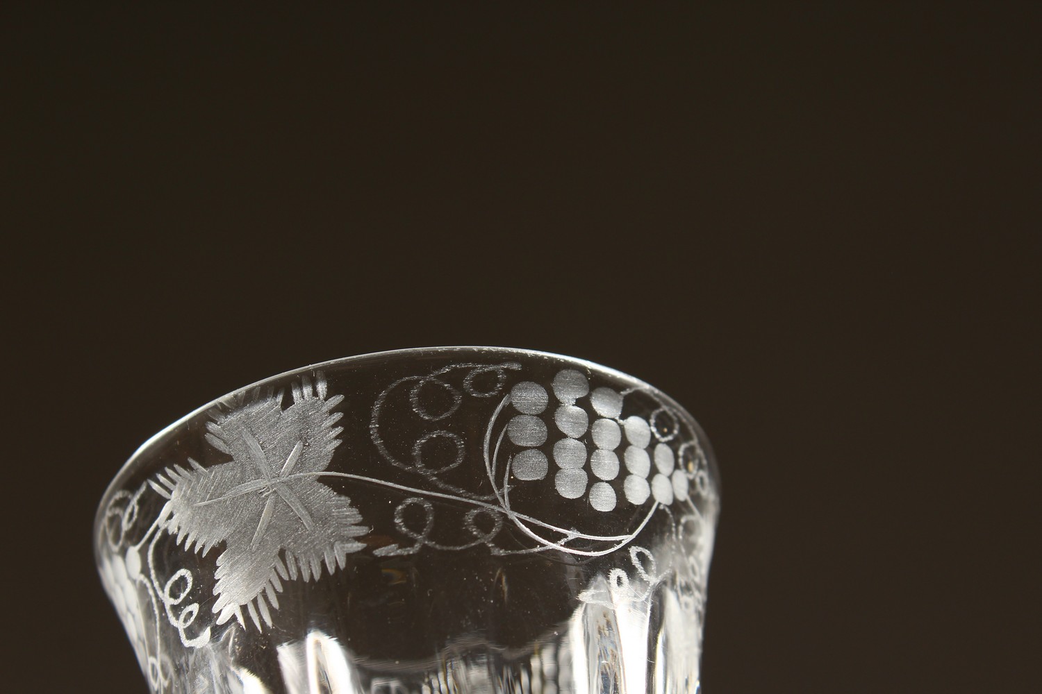 A GEORGIAN WINE GLASS, the fluted bowl engraved with flowers and butterflies, with white air twist - Image 4 of 13