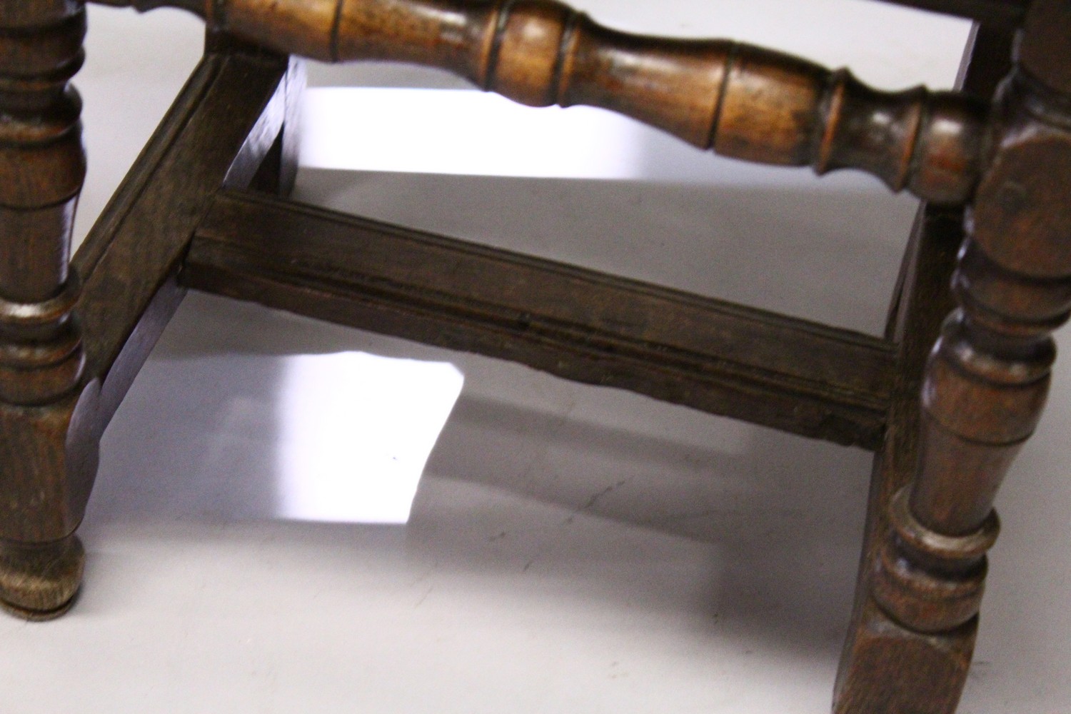 FOUR SMALL 18TH CENTURY OAK DINING CHAIRS, with framed backs, solid seats, on turned and stretchered - Image 8 of 9