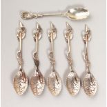 A SET OF SIX GEORGE II CAST SILVER SILVER LEAF SPOONS, one slightly different to the rest