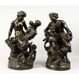 AFTER CLODION. A SUPERB LARGE PAIR OF BRONZE FEMALE AND MALE SATYR GROUPS with cupids and baskets of