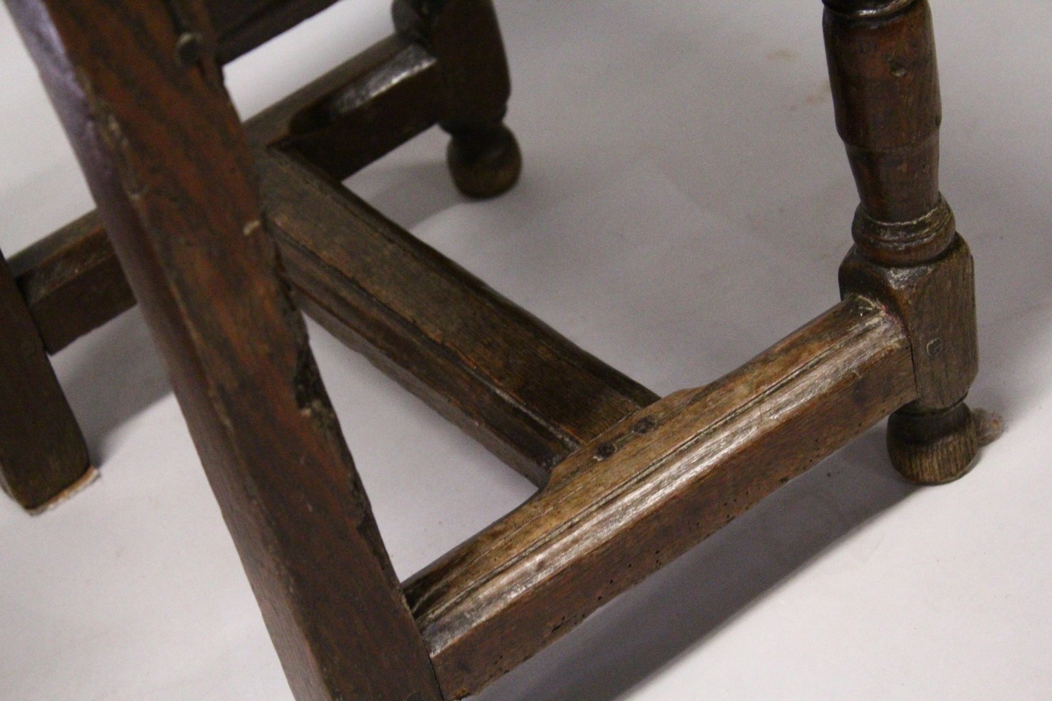 FOUR SMALL 18TH CENTURY OAK DINING CHAIRS, with framed backs, solid seats, on turned and stretchered - Image 9 of 9