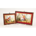 TWO 19TH CENTURY FRENCH PORCELAIN PLAQUES, young lovers and a boy with a dove, both in metal frames.