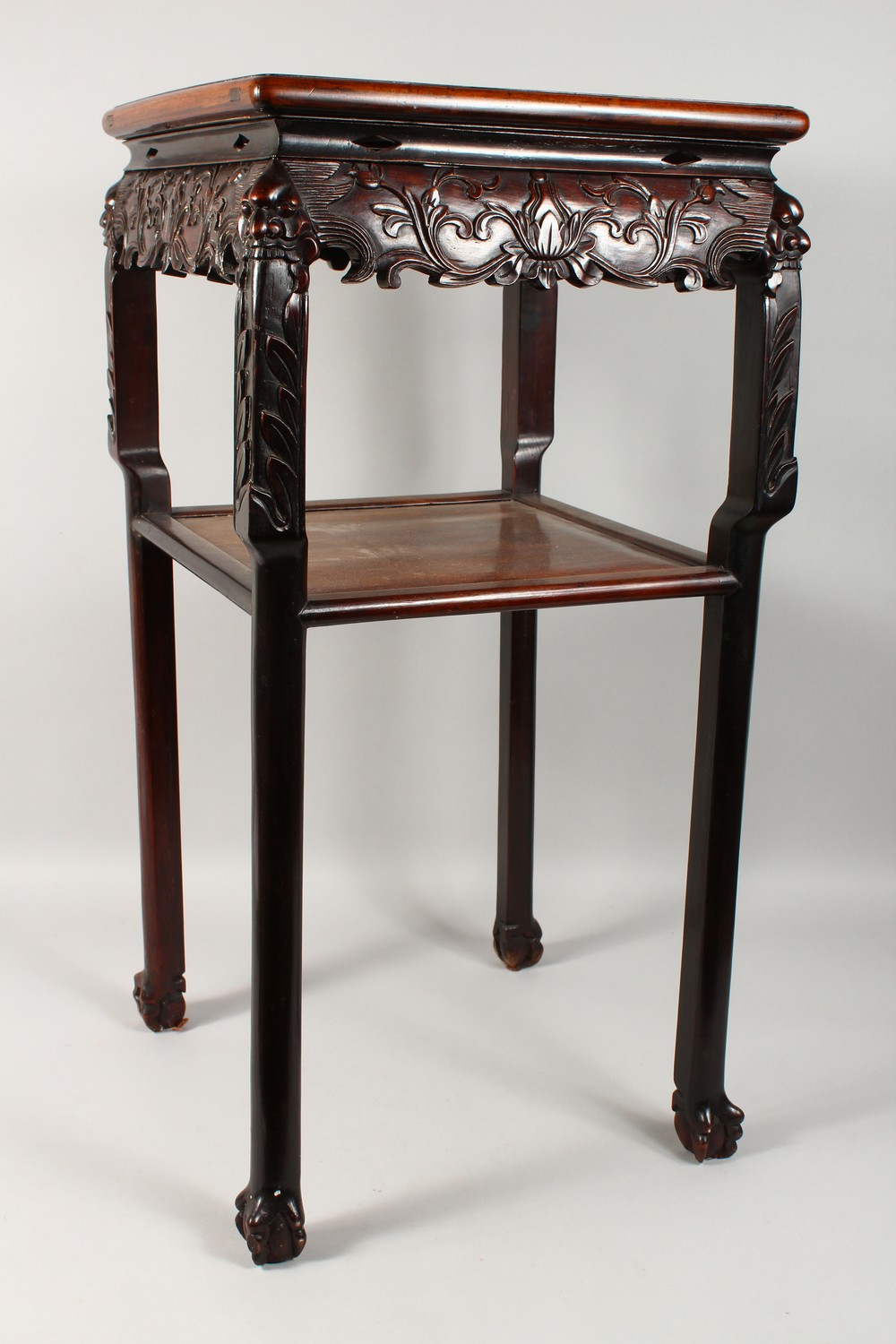 A GOOD CHINESE REDWOOD SQUARE TOP TWO TIER STAND with marble top, carved frieze and plain under - Image 11 of 16