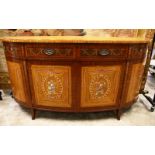 A GOOD HEPPLEWHITE REVIVAL SATINWOOD, MAHOGANY AND ROSEWOOD BOWFRONT COMMODE, profusely painted with