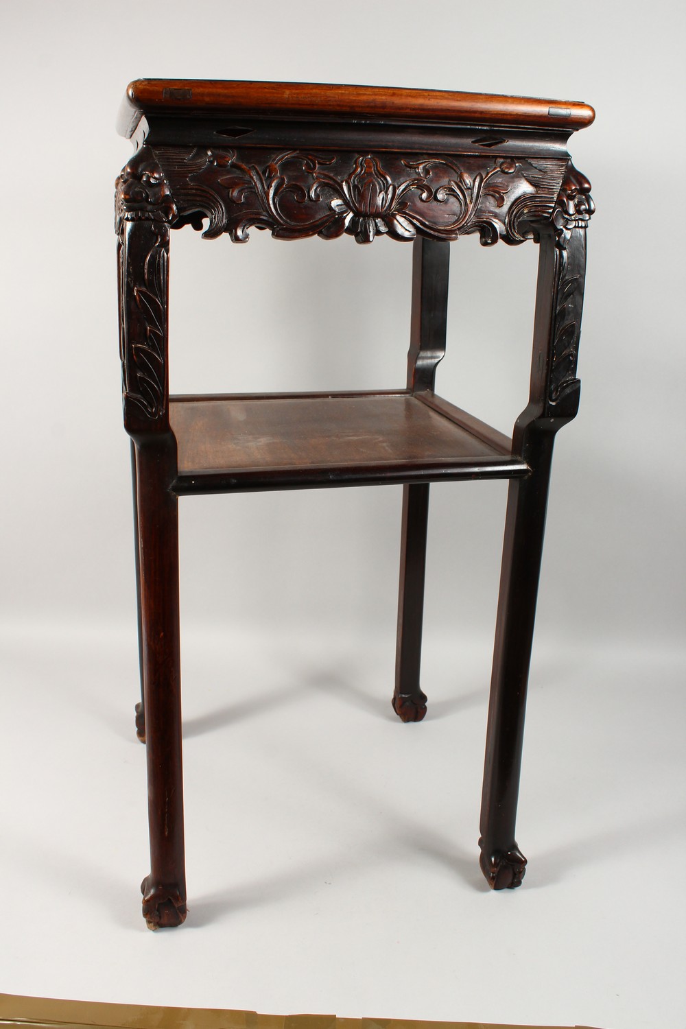 A GOOD CHINESE REDWOOD SQUARE TOP TWO TIER STAND with marble top, carved frieze and plain under - Image 10 of 16