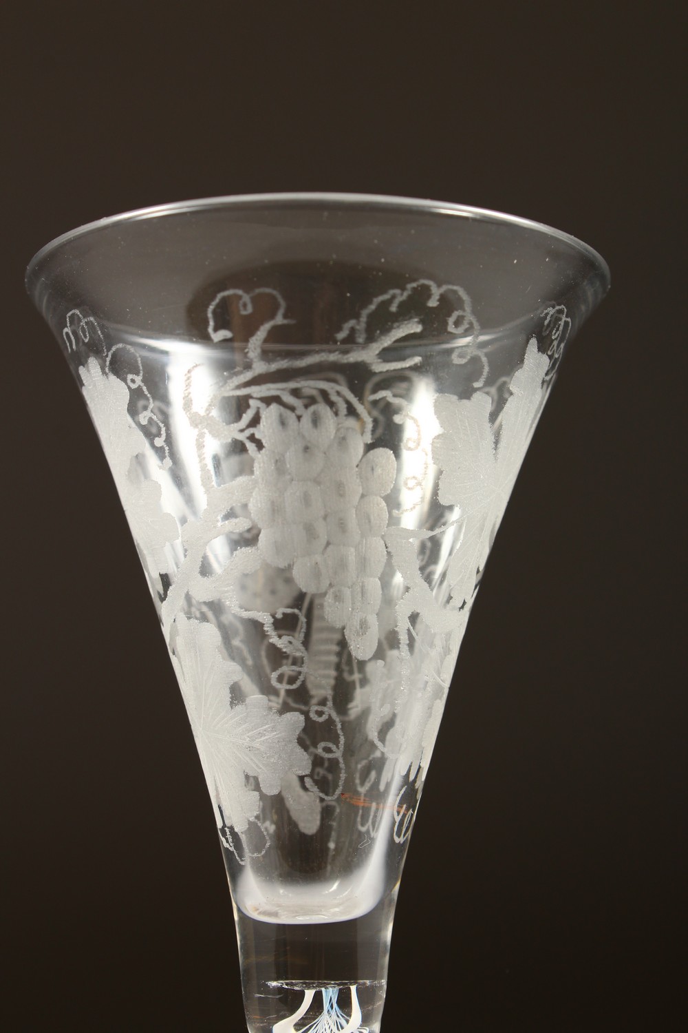 A GEORGIAN WINE GLASS with tapering bowl engraved with fruiting vines, with air twist stem. 6.5ins - Image 4 of 7