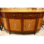 A GOOD HEPPLEWHITE REVIVAL SATINWOOD, MAHOGANY AND ROSEWOOD BOWFRONT COMMODE, profusely painted with