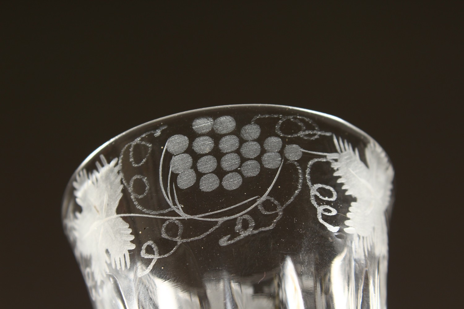 A GEORGIAN WINE GLASS, the fluted bowl engraved with flowers and butterflies, with white air twist - Image 8 of 13