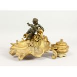 A SUPERB LINKE MODEL GILDED BRONZE SHELL SHAPED INKWELL, with bronze cupid with a ewer, with flowers