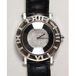 A VERY GOOD 18CT WHITE GOLD AND DIAMOND WRISTWATCH BY MOUSSAIFF RONOS, with leather strap.