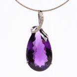 A SUPERB 14CT WHITE GOLD AND TEARDROP AMETHYST AND DIAMOND PENDANT.