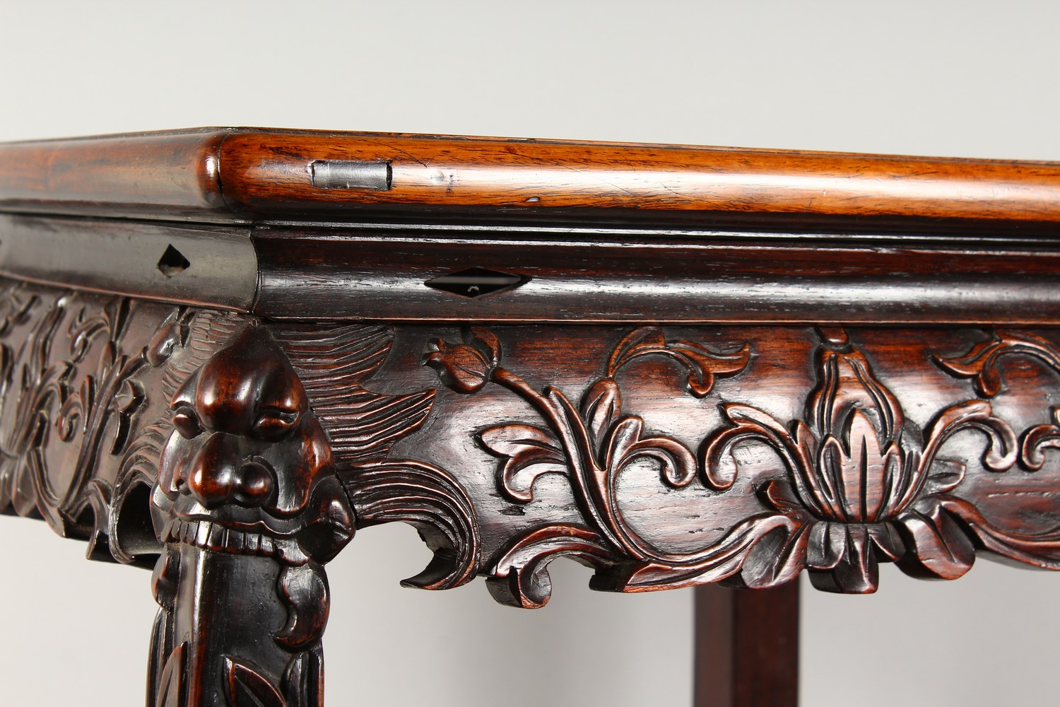 A GOOD CHINESE REDWOOD SQUARE TOP TWO TIER STAND with marble top, carved frieze and plain under - Image 13 of 16