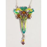 A SILVER AND ENAMEL ART NOUVEAU STYLE PENDANT AND CHAIN.