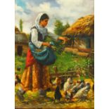 20th Century Continental School. A Woman Feeding Grain to Chickens, Oil on Canvas, 15.75" x 11.75".