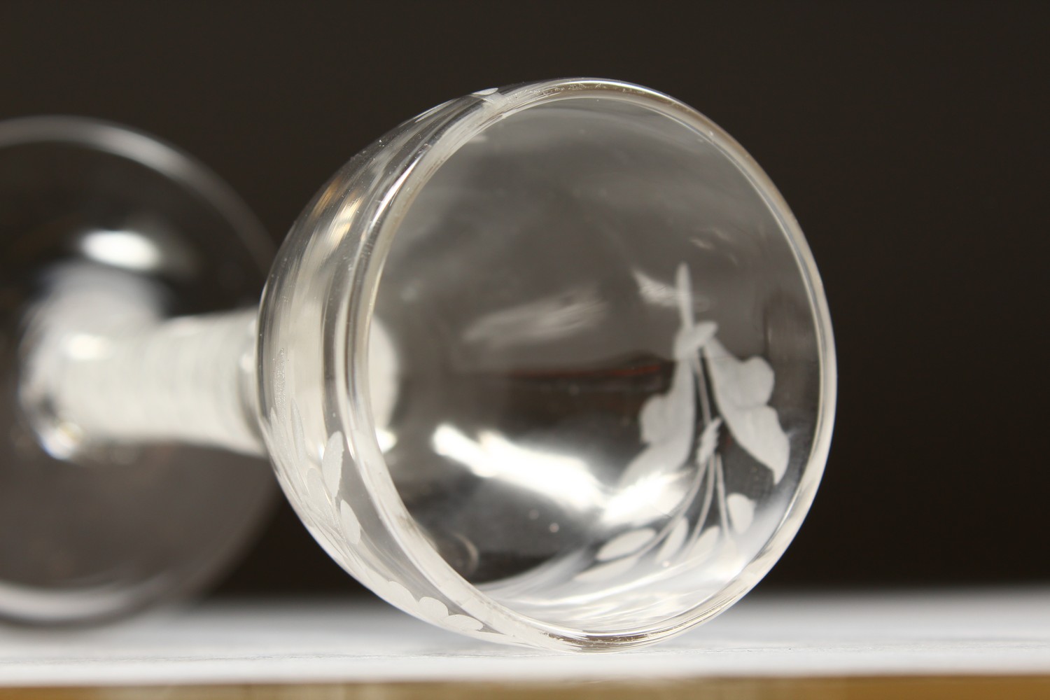 A GEORGIAN WINE GLASS, the bowl engraved with sunflowers, with white air twist stem. 5.5ins high. - Image 8 of 11