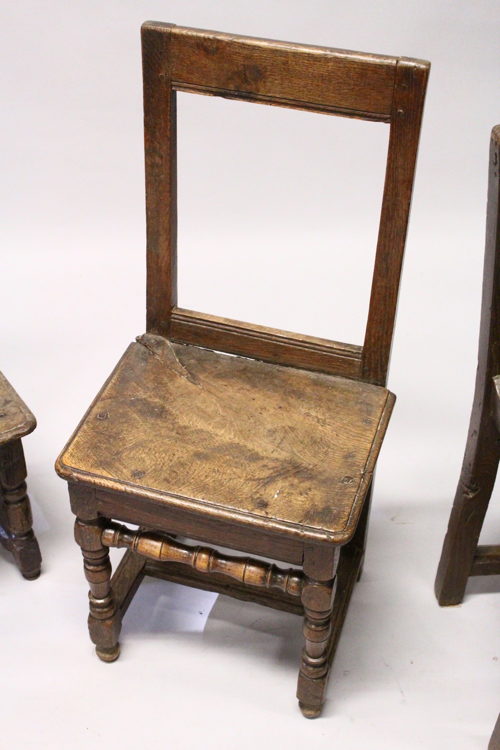 FOUR SMALL 18TH CENTURY OAK DINING CHAIRS, with framed backs, solid seats, on turned and stretchered - Image 4 of 9