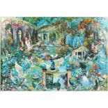 21st Century English School. A Collage of Birds, Flowers, Figures, and Statues in a Garden, Print