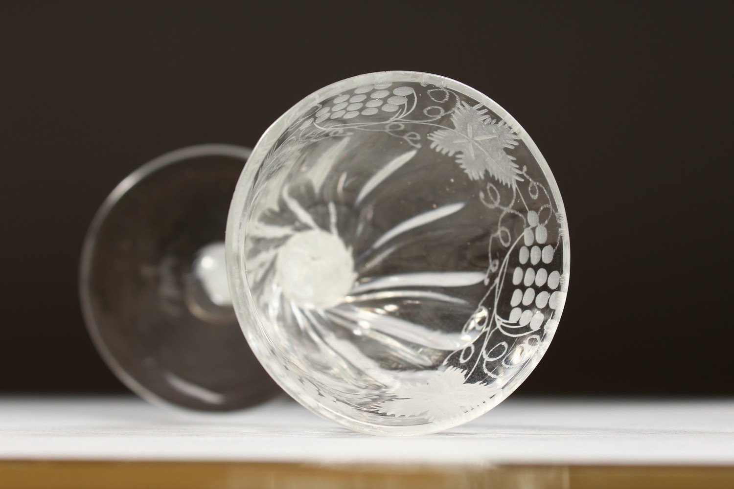 A GEORGIAN WINE GLASS, the fluted bowl engraved with flowers and butterflies, with white air twist - Image 10 of 13