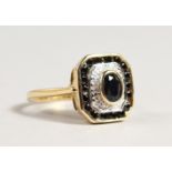 A 9CT GOLD, BLACK STONE AND DIAMOND DECO STYLE RING.