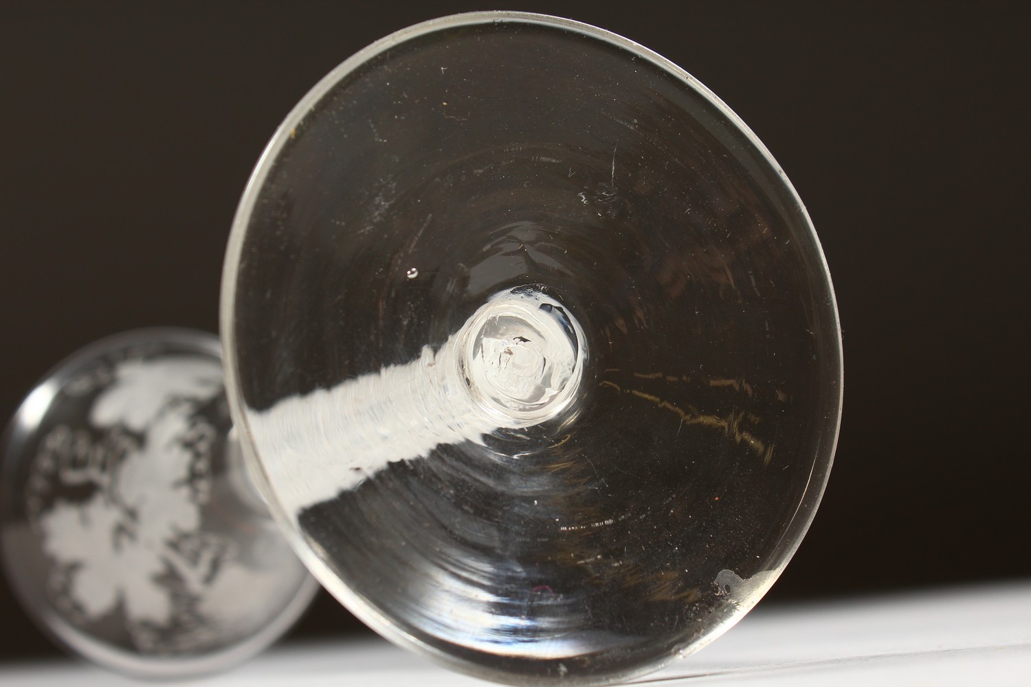 A GEORGIAN WINE GLASS with tapering bowl engraved with fruiting vines, with air twist stem. 6.5ins - Image 7 of 7