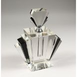 AN ART DECO DESIGN HEAVY BLACK AND WHITE SCENT BOTTLE AND STOPPER. 9ins high.