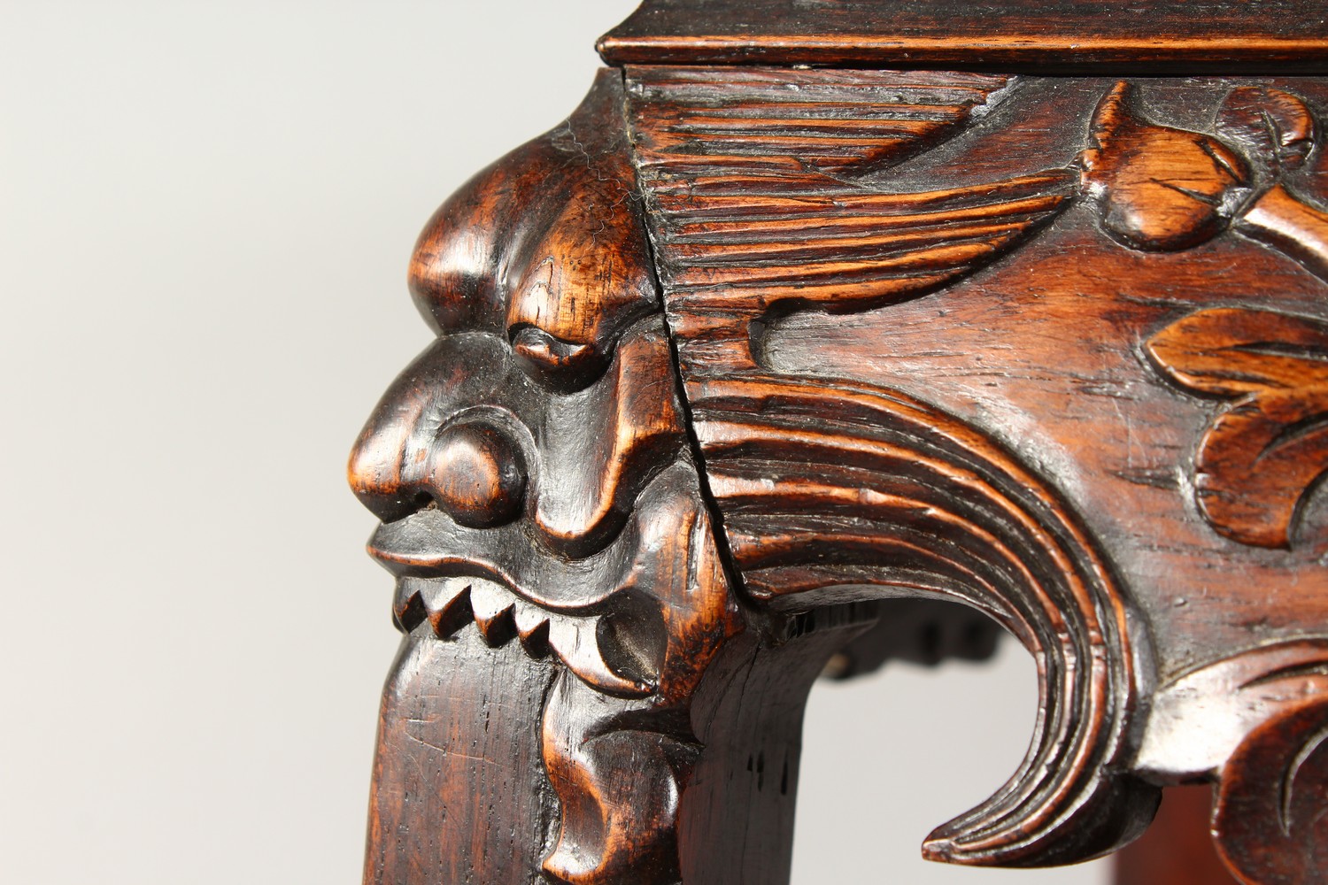 A GOOD CHINESE REDWOOD SQUARE TOP TWO TIER STAND with marble top, carved frieze and plain under - Image 3 of 16