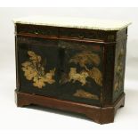 A GOOD LOUIS XVTH STRAIGHT FRONTED COMMODE with Chinese lacquer panels, veined marble top, two small