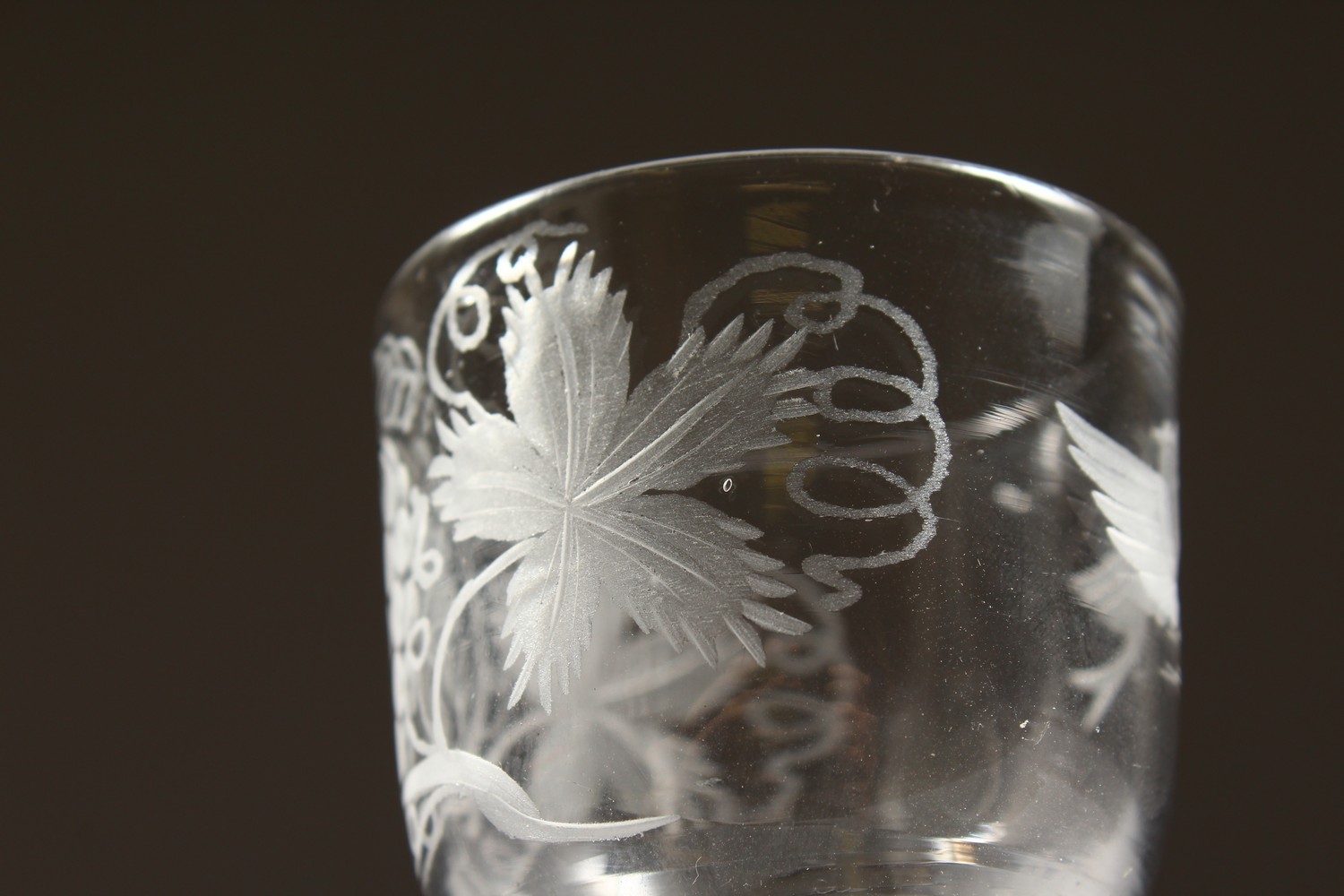 A GEORGIAN WINE GLASS, the bowl engraved with fruiting vines, with white air twist stem. 6ins high. - Image 5 of 9