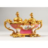 A SUPERB SEVRES GILT BRONZE AND PORCELAIN TWO BOTTLE INKWELL with rose pompadour ground with