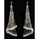 A PAIR OF SILVER AND PEARL CHANDELIER EARRINGS.