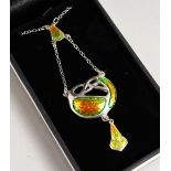 A SILVER AND ENAMEL ART NOUVEAU PENDANT AND CHAIN.