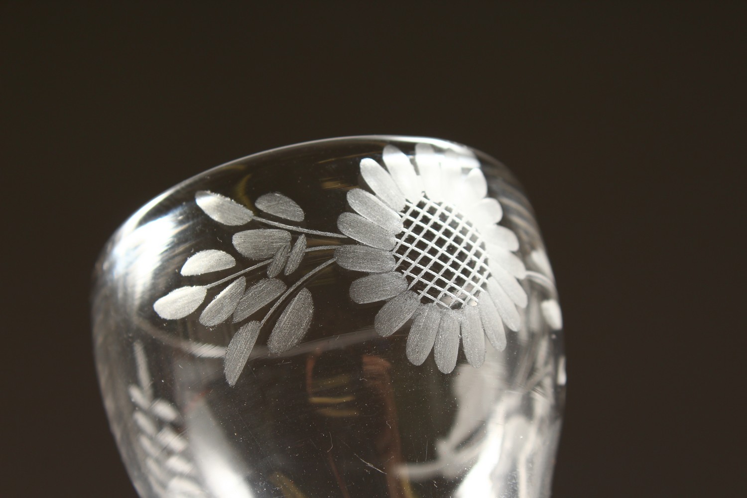 A GEORGIAN WINE GLASS, the bowl engraved with sunflowers, with white air twist stem. 5.5ins high. - Image 7 of 11