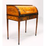 A SUPERB GEORGE III SATINWOOD INLAID CYLINDER BUREAU with urns, scrolls, ribbons and oval. The
