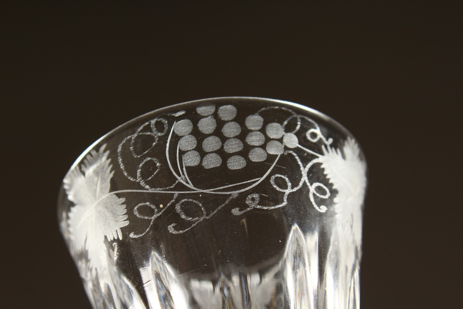 A GEORGIAN WINE GLASS, the fluted bowl engraved with flowers and butterflies, with white air twist - Image 6 of 13