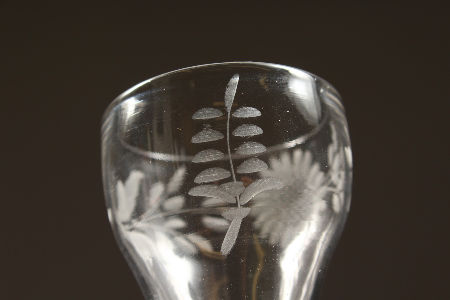 A GEORGIAN WINE GLASS, the bowl engraved with sunflowers, with white air twist stem. 5.5ins high. - Image 6 of 11