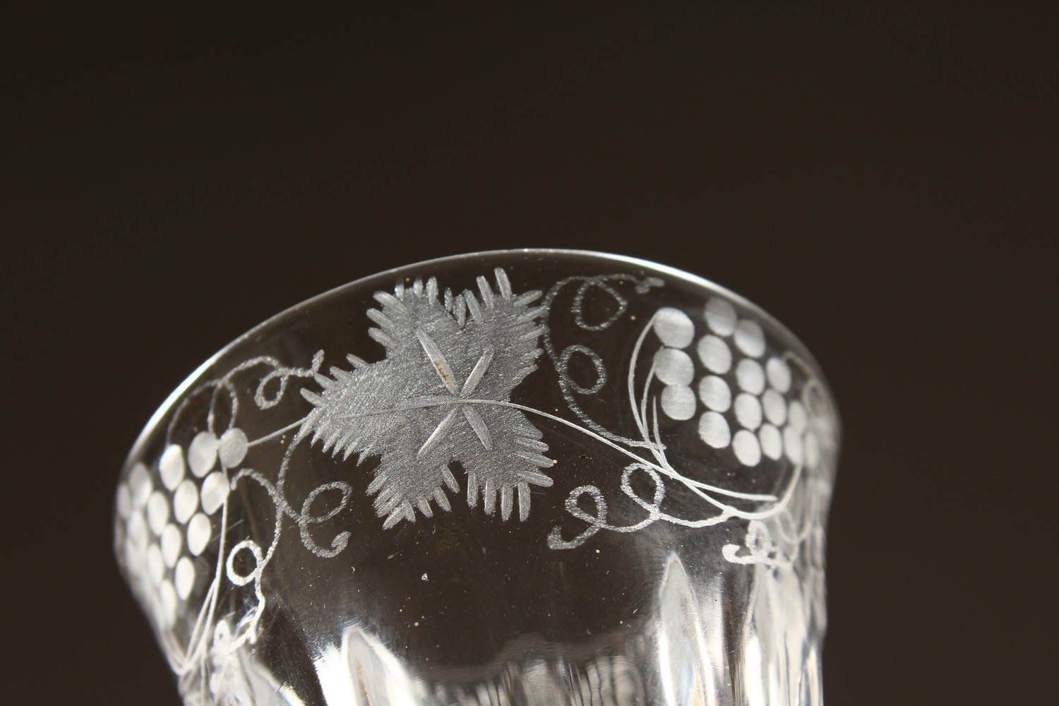 A GEORGIAN WINE GLASS, the fluted bowl engraved with flowers and butterflies, with white air twist - Image 7 of 13