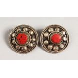 A PAIR OF SILVER AND CORAL CIRCULAR EARRINGS.